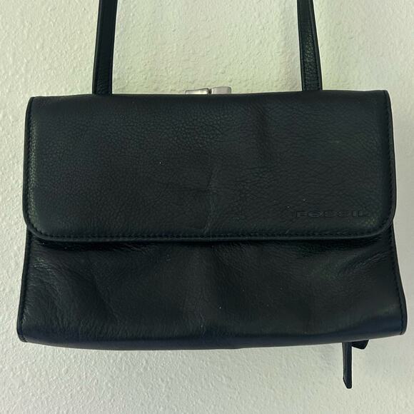 Vintage fossil leather crossbody pockets multi compartment Y2K minimalist black - Picture 2 of 16